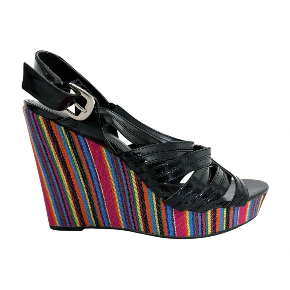 Westies Black Multicolored Stripe Platform Wedge Sandals Size 9 Bohemian Y2K